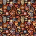 Seamless pattern with pineapples, human mouths and palm hand