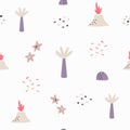 Abstract seamless pattern with hand drawn elements palm, volcano, stars.