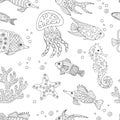 Abstract seamless pattern with hand-drawn sea fish, coloring page Royalty Free Stock Photo