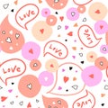 Abstract seamless pattern with Hearts, spots and text Love. Vector illustration