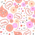 Abstract seamless pattern with Hearts, spots and text Love. Vector illustration.