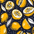 abstract seamless pattern with lemons, circles, dots. Stylized citrus fruit repeated background. Colorful endless print Royalty Free Stock Photo