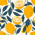 abstract seamless pattern with lemons, circles, dots. Stylized citrus fruit repeated background. Colorful endless print Royalty Free Stock Photo