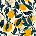abstract seamless pattern with lemons, circles, dots. Stylized citrus fruit repeated background. Colorful endless print Royalty Free Stock Photo