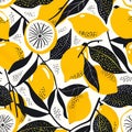 abstract seamless pattern with lemons, circles, dots. Stylized citrus fruit repeated background. Colorful endless print Royalty Free Stock Photo