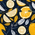 abstract seamless pattern with lemons, circles, dots. Stylized citrus fruit repeated background. Colorful endless print Royalty Free Stock Photo