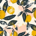 abstract seamless pattern with lemons, circles, dots. Stylized citrus fruit repeated background. Colorful endless print Royalty Free Stock Photo