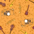 Abstract seamless pattern musical instruments and notes drum guitar tune. vector image Royalty Free Stock Photo