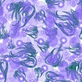 Abstract seamless pattern of painted green fantastic plants and blue transparent bubbles.