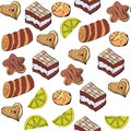 Abstract seamless pattern with pie, roll, bun, cookies, laim. It is located in swatch menu, vector image Royalty Free Stock Photo