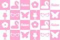 abstract, seamless pattern of pink daisies, butterfly, glasses. fashionable plaid, cute graphics in a barbie style. for print,