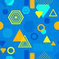 Abstract seamless pattern in postmodern Memphis Style blue yellow orange