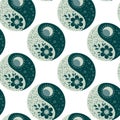 Abstract seamless pattern, print, yin yang symbol with moon, sun and flowers. Emerald shades. decor, textiles, wallpaper