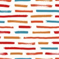 Abstract seamless pattern with red, orange and blue brushstrokes on white background. Vibrant backdrop with horizontal