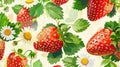 Abstract seamless pattern with red strawberry with green leaves and daisies isolated on white background. Close-up. Royalty Free Stock Photo