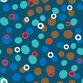 Abstract seamless pattern with round elements. Blue, brown, red, white colour.