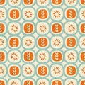 Abstract seamless pattern of rounded squares with seed patterns. Mid-century modern style.