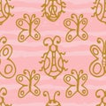 Seamless pattern with hand drawn gold thin line butterflies, bugs on pink grunge horizontal geometrical stripes.