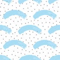 Abstract seamless pattern with small dots and curved brush strokes.