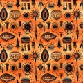 abstract seamless pattern in the style of African ornaments on an orange background Royalty Free Stock Photo