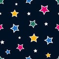 Abstract seamless pattern tile with bright colorful stars on dark blue background vector. Geometric shapes ornament Royalty Free Stock Photo