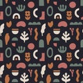 Abstract seamless pattern in trendy collage style. Hand drawn shapes and doodle objects.