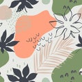 Abstract seamless pattern: tropic leaves silhouettes and line art, organic geometric shapes, doodle textures in minimal style Royalty Free Stock Photo