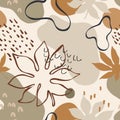 Abstract seamless pattern: tropic leaves silhouettes and line art, organic geometric shapes, doodle textures in minimal style Royalty Free Stock Photo