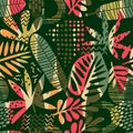 Abstract seamless pattern with tropical leaves. Hand draw texture. Royalty Free Stock Photo