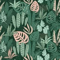 Abstract seamless pattern with tropical leaves. Hand draw texture. Royalty Free Stock Photo