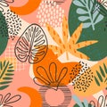 Abstract seamless pattern with tropical leaves. Hand draw texture. Vector. Royalty Free Stock Photo