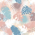 Abstract seamless pattern of tropical palm leaves, jungle Monstera, banana leaves and brush shape. Exotic silhouette plant with Royalty Free Stock Photo