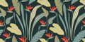 Abstract seamless pattern with tropical plants and flowers. Modern exotic design for paper, cover, fabric, interior decor and othe