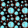 Abstract seamless pattern with turquoise different balls on black background