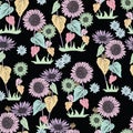 Abstract Seamless Pattern With Vintage Hand Drawn Pastel Sunflowers On Black Background Design