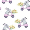 Cute seamless pattern watercolor cartoon bunny on pink bike with bouquet yellow flowers. Royalty Free Stock Photo