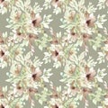 Abstract seamless pattern of watercolor transparent light delicate flowers on a gray-green background