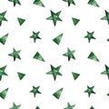 Abstract seamless pattern with watercolor triangles and stars in green colors