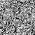 Abstract seamless pattern with wavy hair. Black and white hand drawn vector illustration