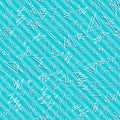 Abstract Seamless Pattern of White Angular Lines Scribbles on Turquoise Striped Backdrop