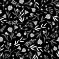 Abstract seamless pattern with white and gray flowers on the Black background.Summer floral vector illustration with Royalty Free Stock Photo