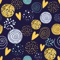 Abstract seamless pattern Yellow gold circle elements dark background Cute glitter decor wallpaper