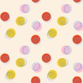 Abstract seamless pattern with yellow, red, pink circle and blue doodle Royalty Free Stock Photo