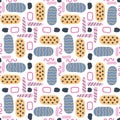 Abstract seamless patterns with hand drawn textured spots, curve lines and rectangle outlines in modern memphis style for textile Royalty Free Stock Photo