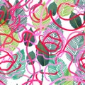 Abstract seamless patterns and knots of bright colored rope. and leaves drawn in the hatching technique. Royalty Free Stock Photo