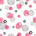 Abstract seamless raspberry pattern in pink and black color. Watercolor raspberry and dots