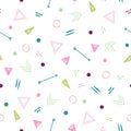 Abstract seamless repeat pattern with triangles, arrows and dots in pastel colors. Perfect for modern folk textile, wallpaper.