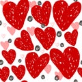 Abstract seamless repeating pattern with bright red hearts. Modern and stylish romantic design for poster, wrapping paper,