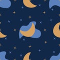 Abstract seamless stylish pattern: night sky, stars, clouds and Moon. Vector illustration Royalty Free Stock Photo