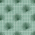 Abstract seamless talipot leaf pattern. Green botanic ornament on soft blue chequered background. Hawaii backdrop